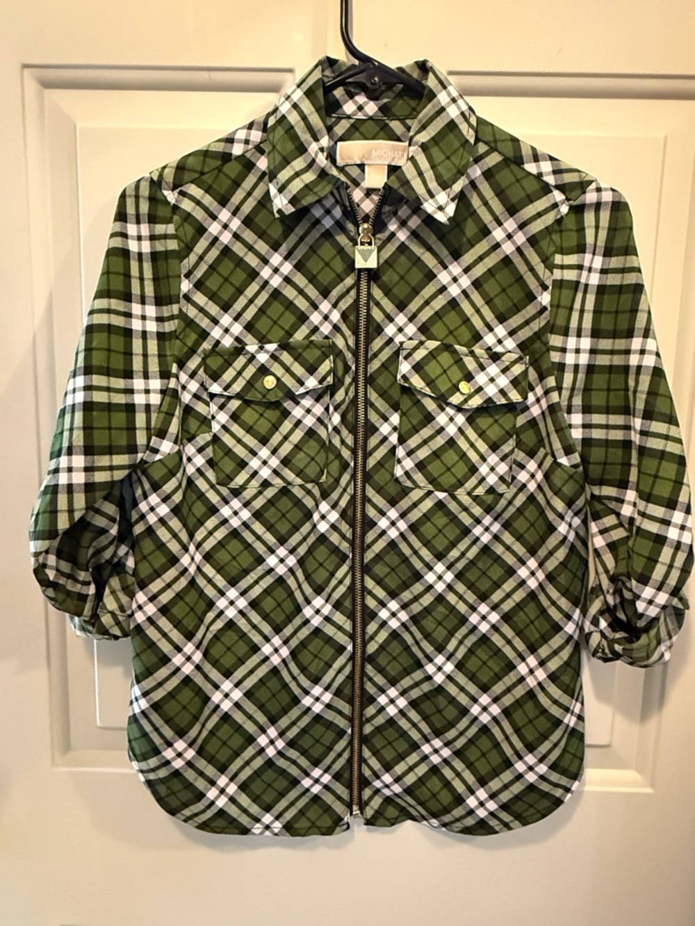 Michael Kors Green Black White Plaid Zip Shirt with Gold Hardware
